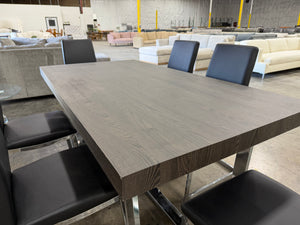 Modern Gray Dining Table Set with 6 Black Leather Chairs & Chrome Legs