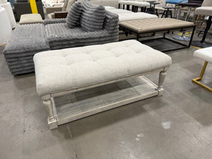 Farmhouse Tufted Upholstered Bench with Distressed Wood Shelf