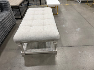 Farmhouse Tufted Upholstered Bench with Distressed Wood Shelf