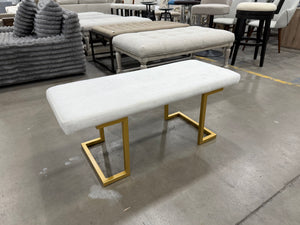 Modern White Bouclé Bench with Gold Geometric Legs