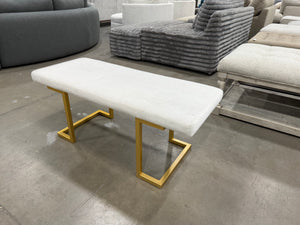 Modern White Bouclé Bench with Gold Geometric Legs