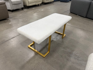 Modern White Bouclé Bench with Gold Geometric Legs