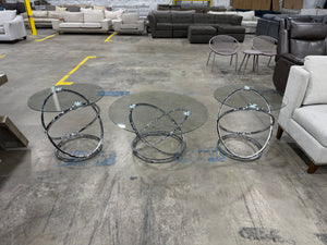 Modern Glass Coffee & End Table Set with Chrome Swirl Bases