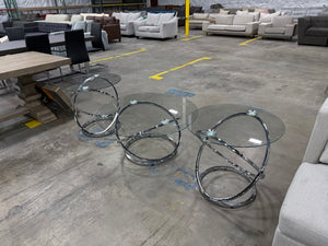 Modern Glass Coffee & End Table Set with Chrome Swirl Bases