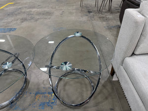 Modern Glass Coffee & End Table Set with Chrome Swirl Bases