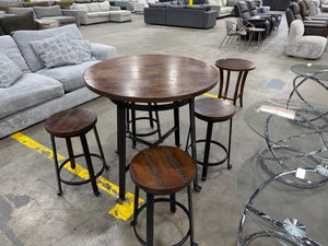 Rustic Industrial Round Counter-Height Dining Table Set with 4 Backless Stools