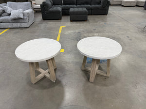 Set of Modern Farmhouse Round End Tables with Geometric Wood Bases