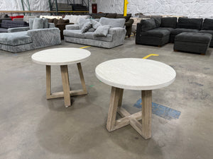 Set of Modern Farmhouse Round End Tables with Geometric Wood Bases