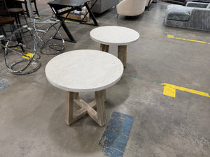 Set of Modern Farmhouse Round End Tables with Geometric Wood Bases