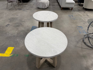 Set of Modern Farmhouse Round End Tables with Geometric Wood Bases