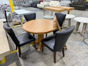 Round Oak Pedestal Dining Table with Leaf & 4 Black Faux Leather Chairs