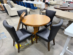 Round Oak Pedestal Dining Table with Leaf & 4 Black Faux Leather Chairs
