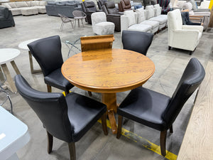 Round Oak Pedestal Dining Table with Leaf & 4 Black Faux Leather Chairs