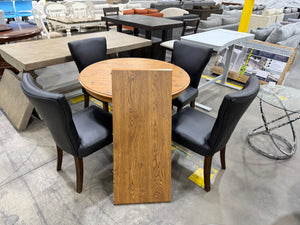 Round Oak Pedestal Dining Table with Leaf & 4 Black Faux Leather Chairs