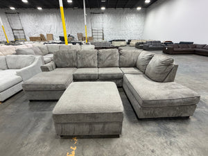 Large Gray U-Shaped Double Chaise Sectional with Ottoman