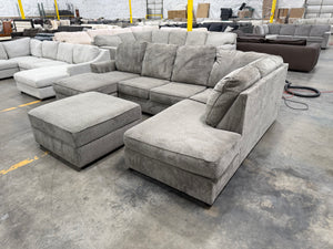 Large Gray U-Shaped Double Chaise Sectional with Ottoman