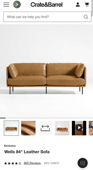 Crate & Barrel Wells 84” Leather Sofa