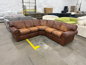 Brown Leather L-Shaped Sectional with Rolled Arms & Nailhead Trim