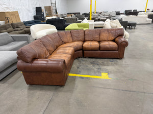 Brown Leather L-Shaped Sectional with Rolled Arms & Nailhead Trim