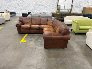 Brown Leather L-Shaped Sectional with Rolled Arms & Nailhead Trim