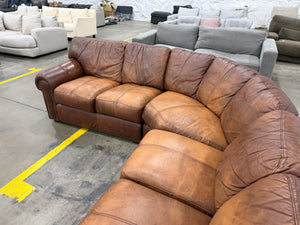 Brown Leather L-Shaped Sectional with Rolled Arms & Nailhead Trim