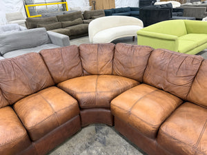 Brown Leather L-Shaped Sectional with Rolled Arms & Nailhead Trim