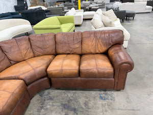 Brown Leather L-Shaped Sectional with Rolled Arms & Nailhead Trim