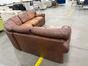 Brown Leather L-Shaped Sectional with Rolled Arms & Nailhead Trim