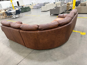 Brown Leather L-Shaped Sectional with Rolled Arms & Nailhead Trim