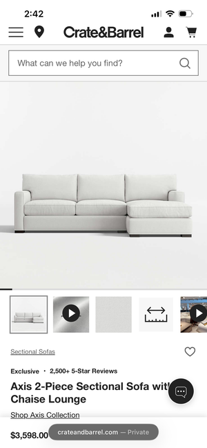 Crate & Barrel 2-Pc Axis Chaise Sectional (Douglas Ice)