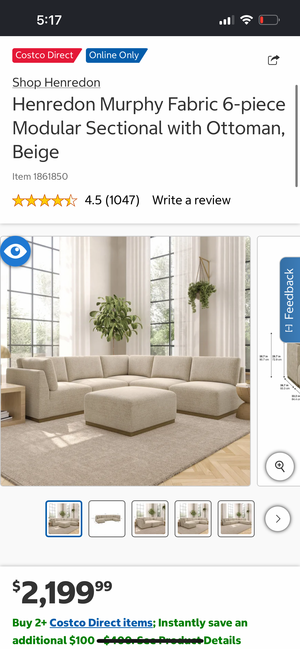 *New* Henredon Murphy Fabric 6-Piece Sectional w/Ottoman (Beige)