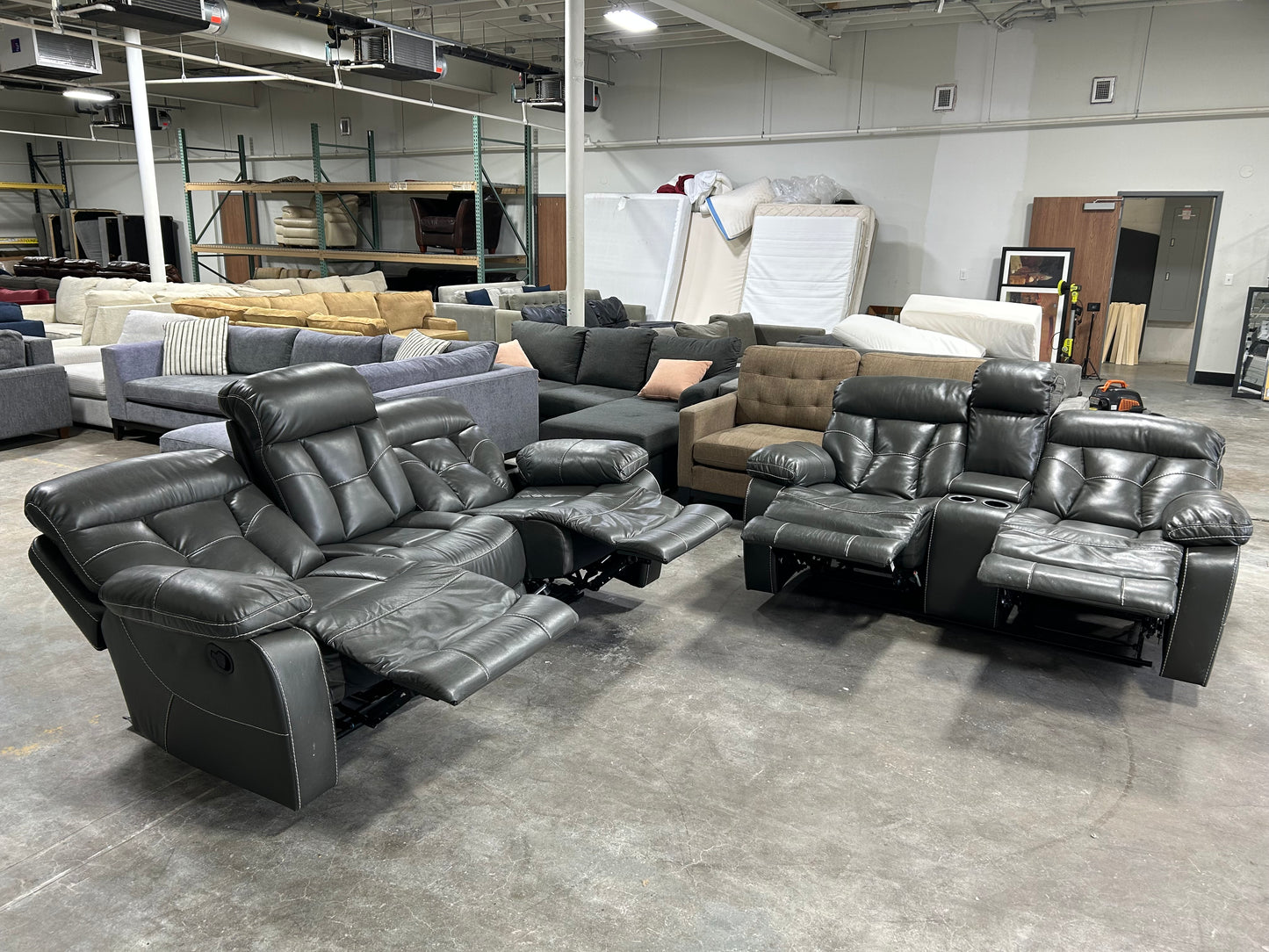 Contemporary Gray Leather Recliner Sofa & Loveseat Set