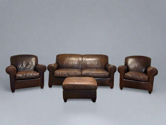 3-Pc Crate & Barrel Brown Leather Sofa And Chair Set
