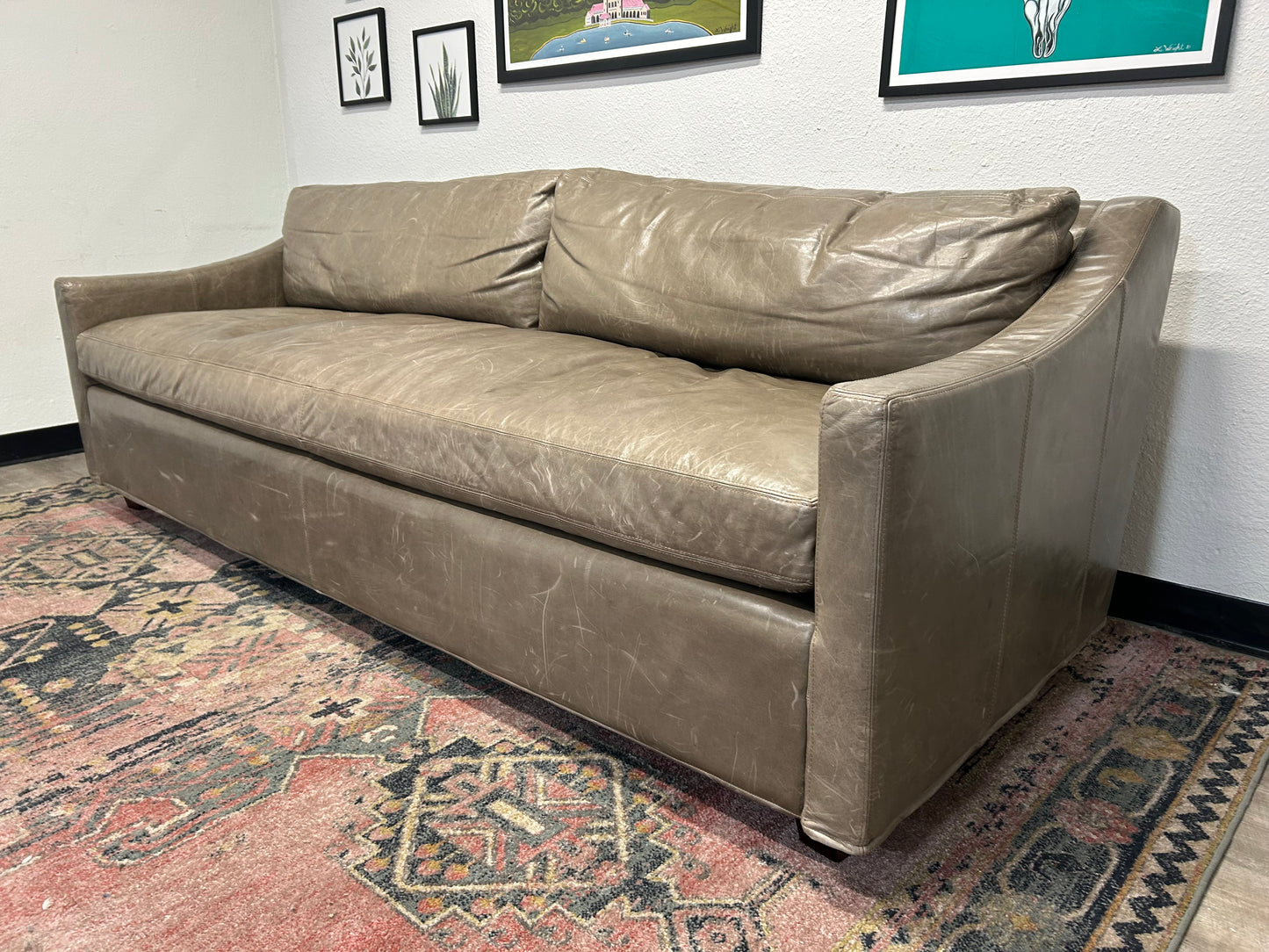 Restoration Hardware Gray Leather Belgian Track Arm Sofa
