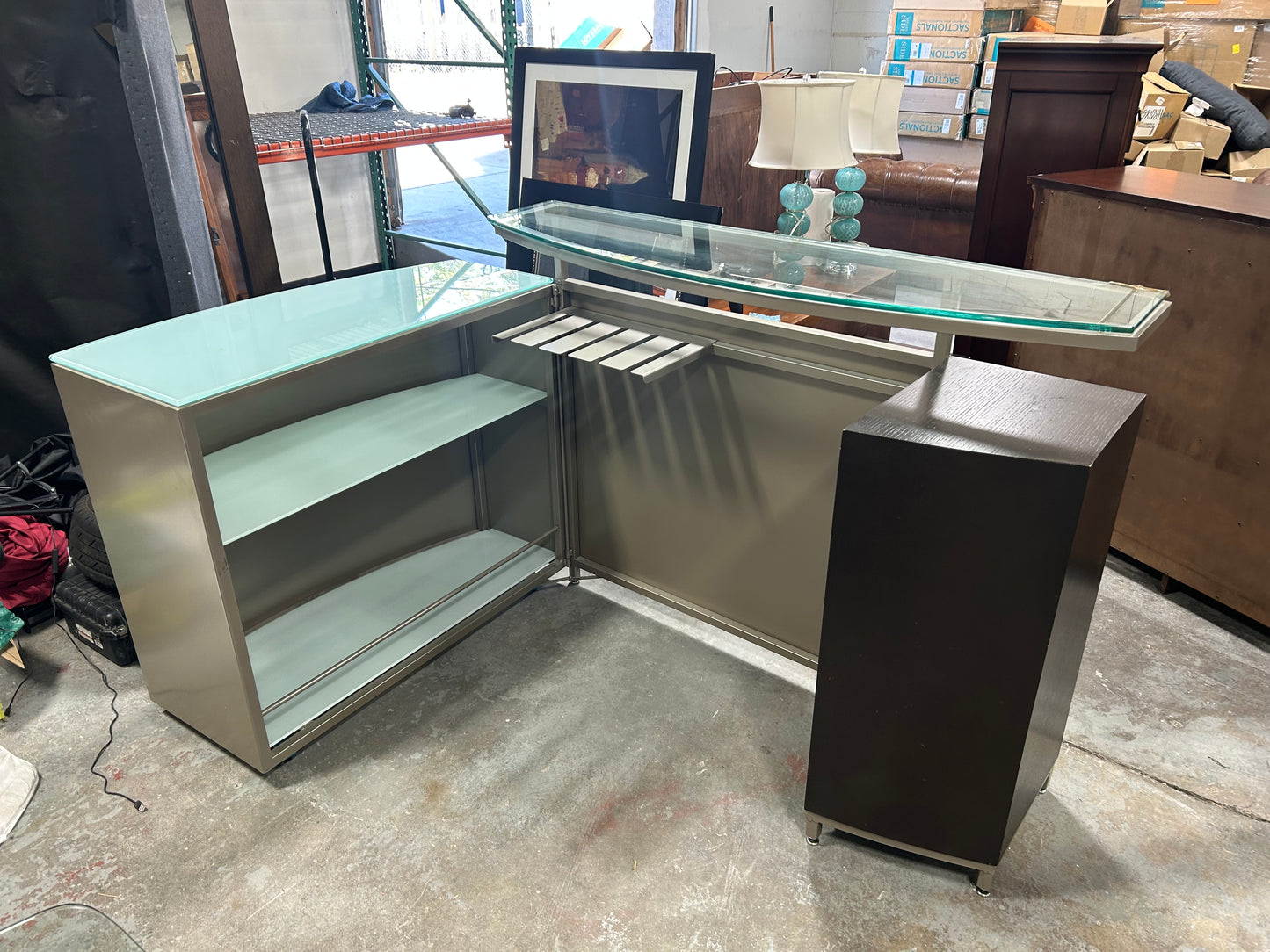 Contemporary Glass-Top Folding Bar Cabinet