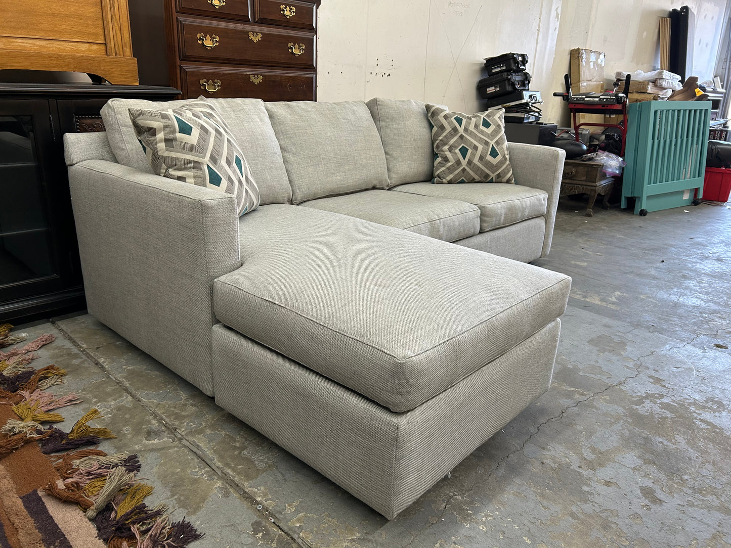 Gray Crate & Barrel Reversible Chaise Sectional And Storage Ottoman