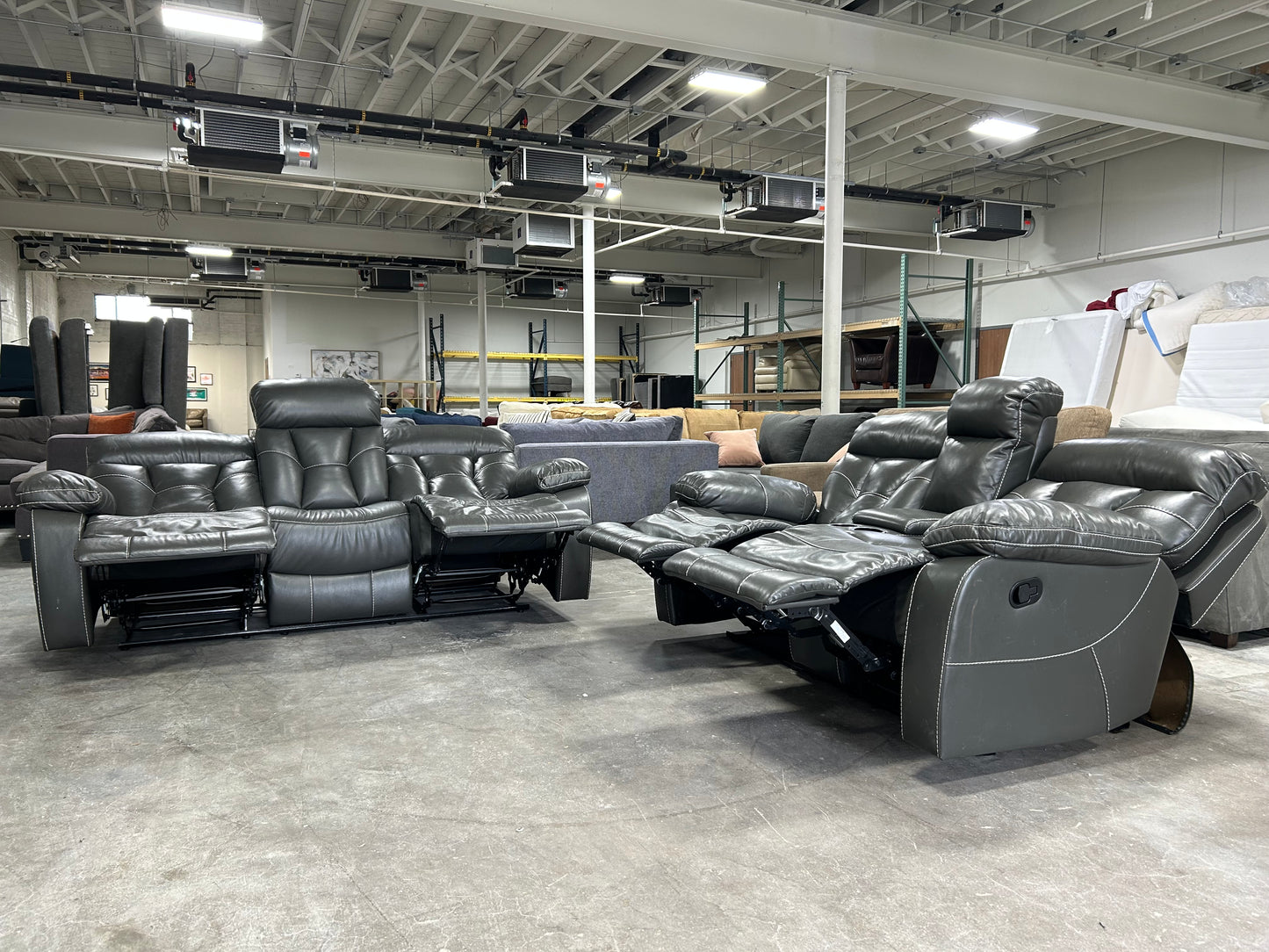 Contemporary Gray Leather Recliner Sofa & Loveseat Set