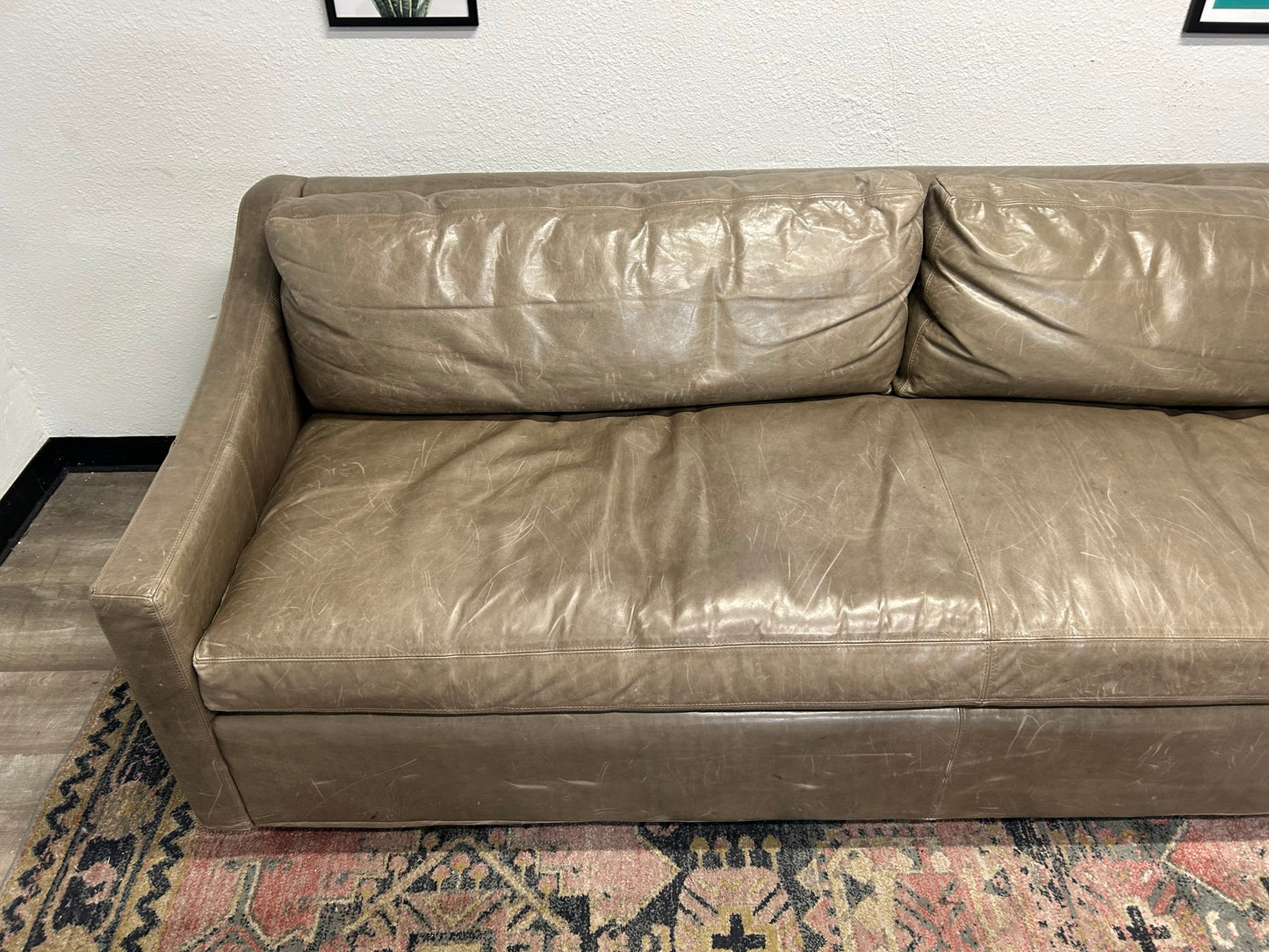 Restoration Hardware Gray Leather Belgian Track Arm Sofa