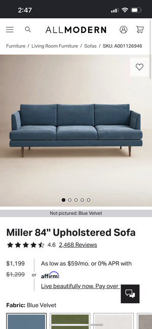 AllModern Miller 84” Upholstered Sofa (Blue Velvet)