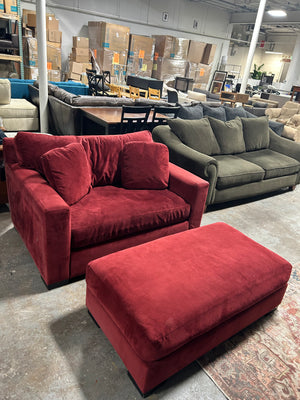 Scandinavian Designs Red Velvet Chair w/Ottoman