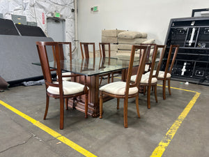 9-Pc Glass Dining Table & Maple Wood Chair Set