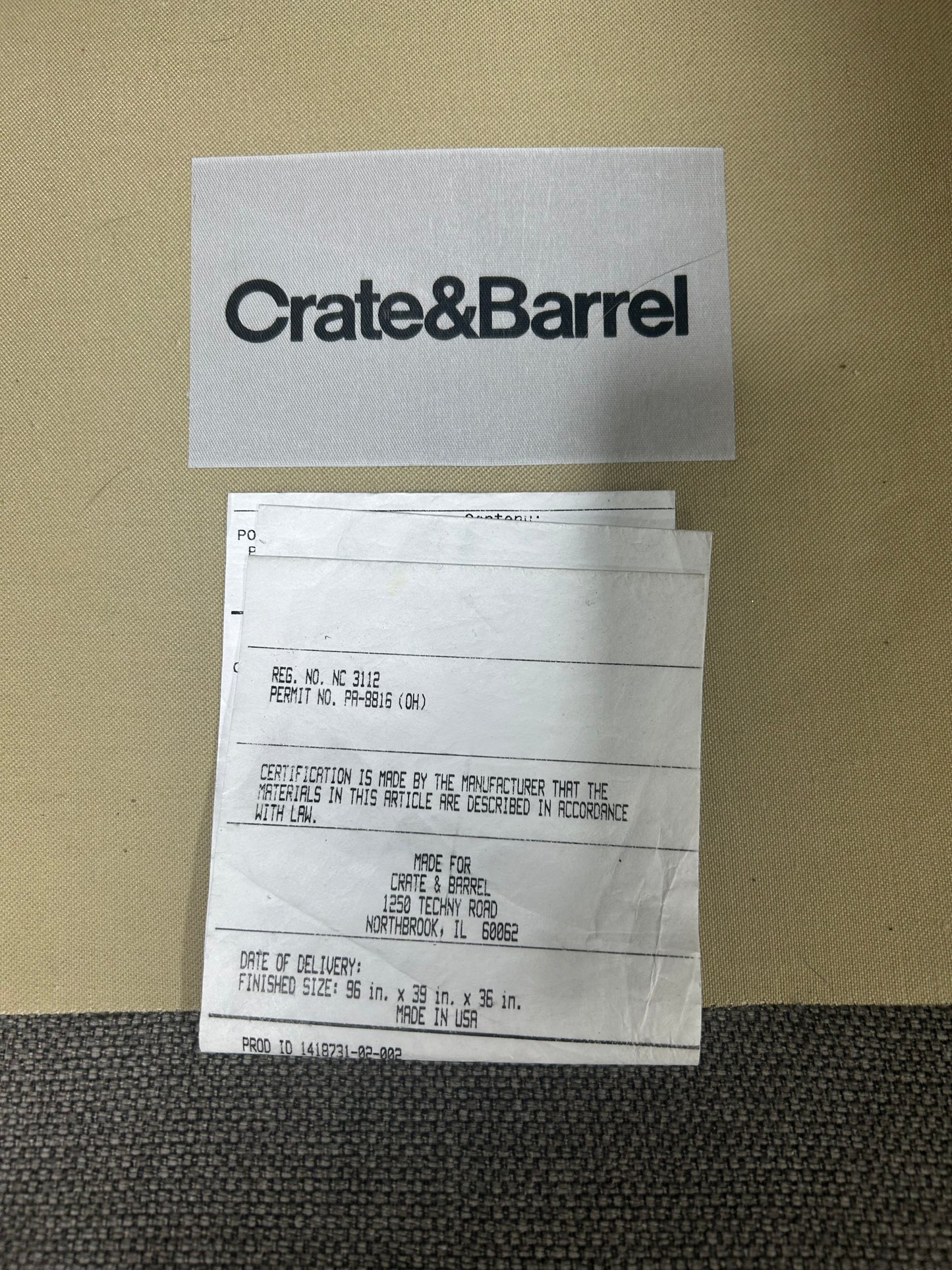 Crate & Barrel Sky Grey 96” Taraval Sofa