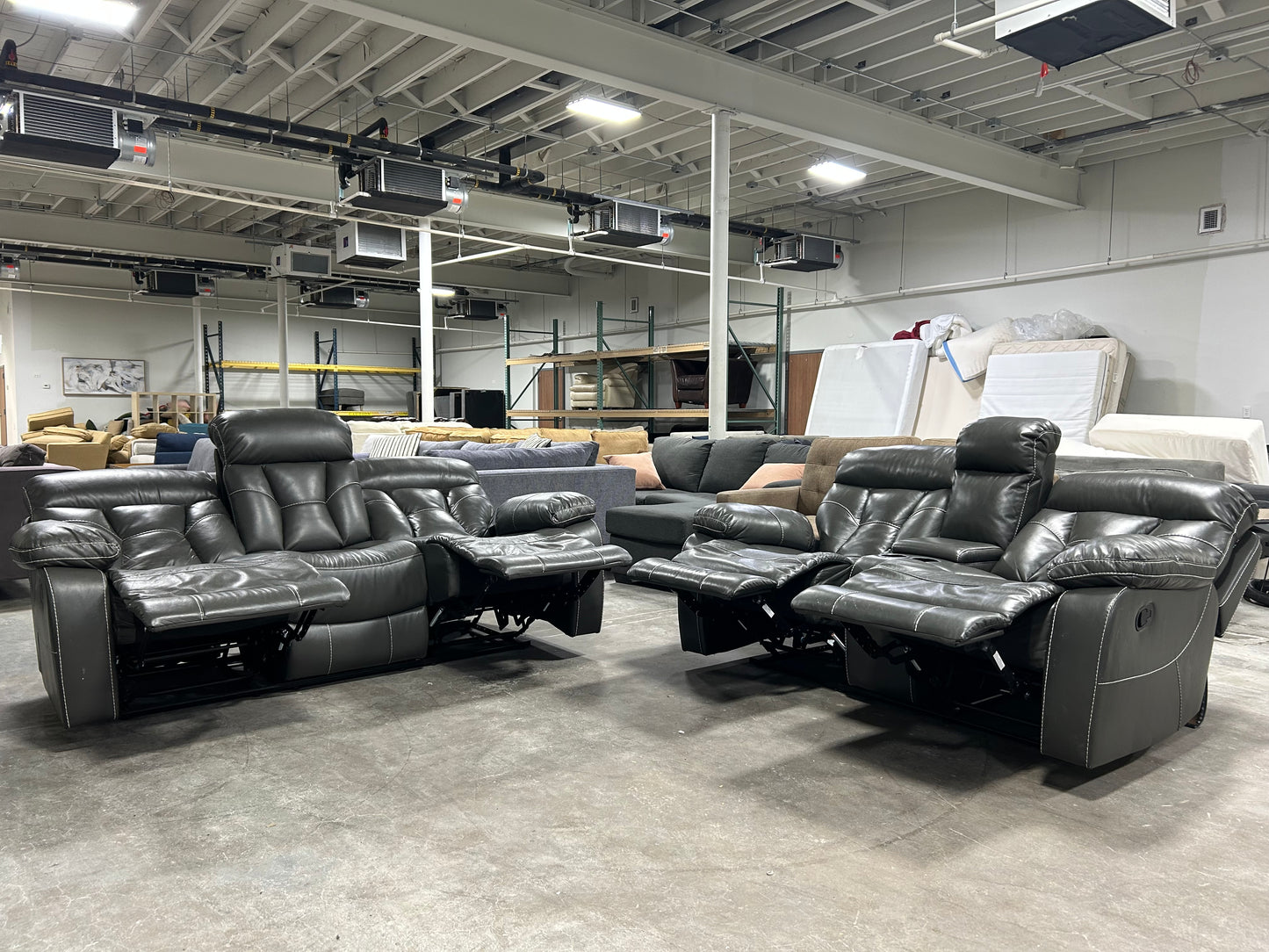 Contemporary Gray Leather Recliner Sofa & Loveseat Set