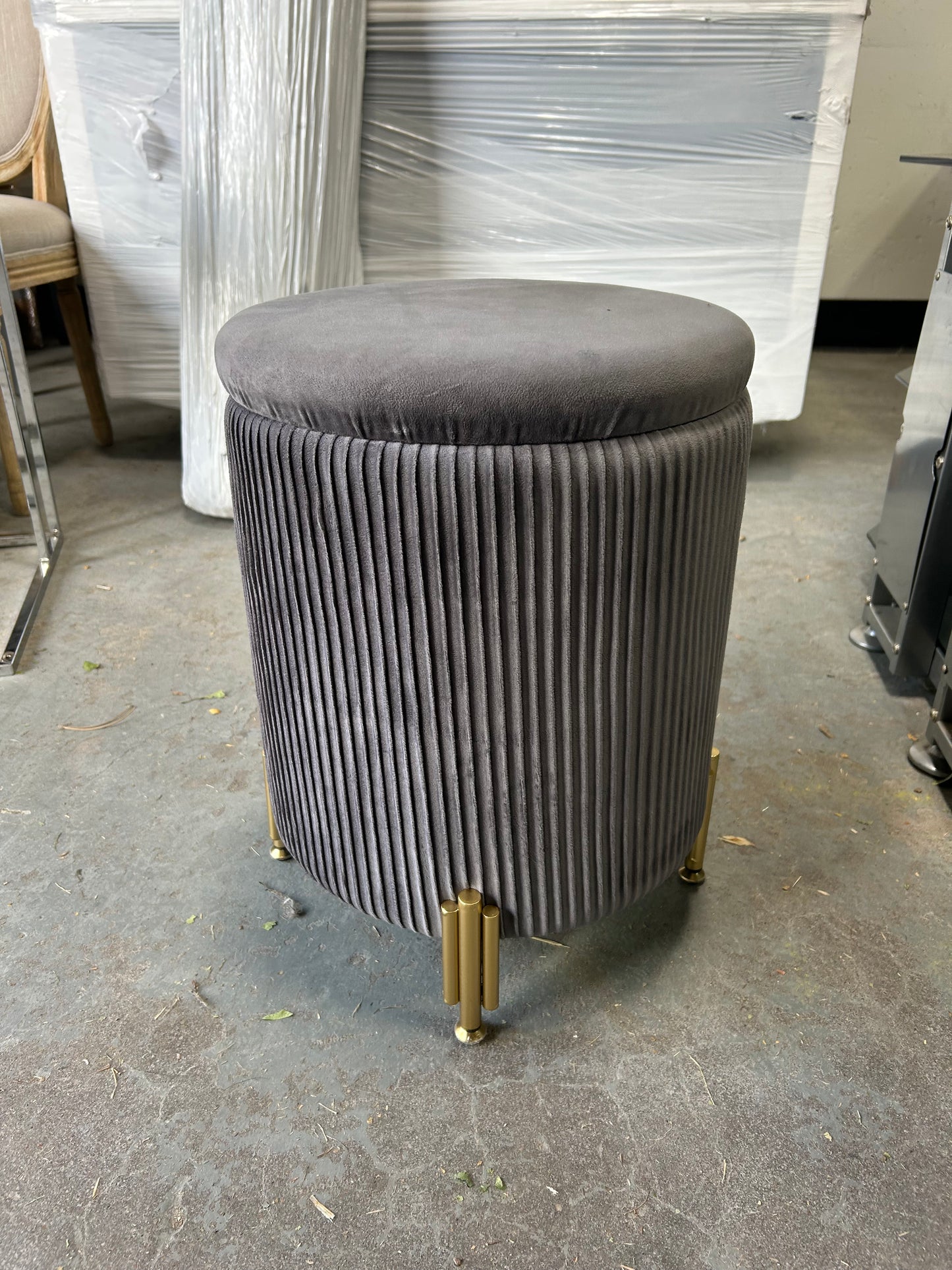Gray Velvet MCM Storage Footstool