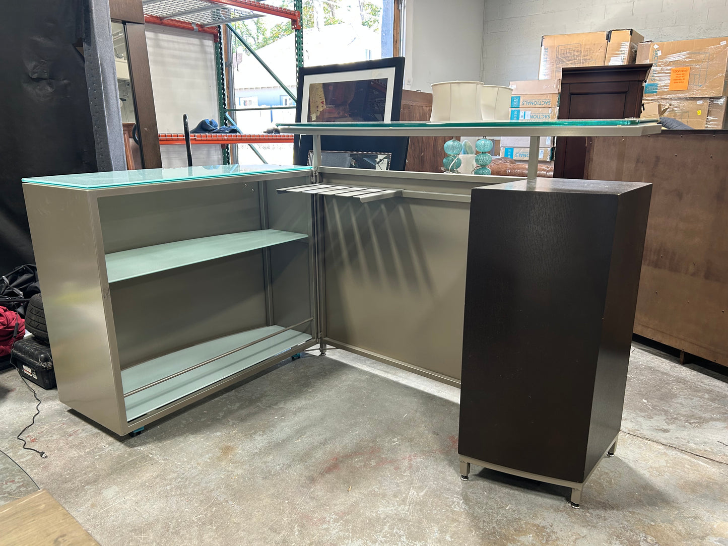 Contemporary Glass-Top Folding Bar Cabinet