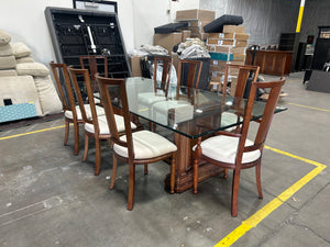 9-Pc Glass Dining Table & Maple Wood Chair Set