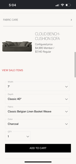 Restoration Hardware Cloud 84” Bench-Cushion Sofa (Charcoal)