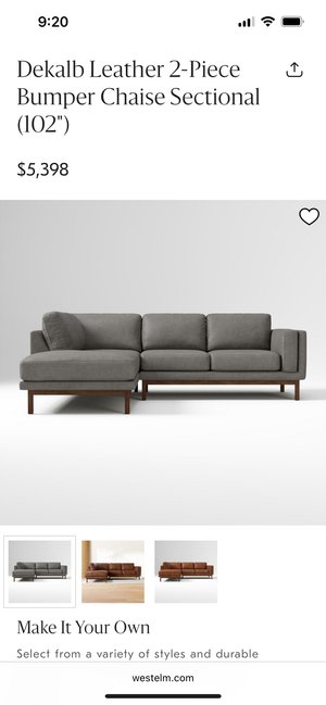 West Elm Dekalb 2-Pc Leather Bumper Chaise Sectional
