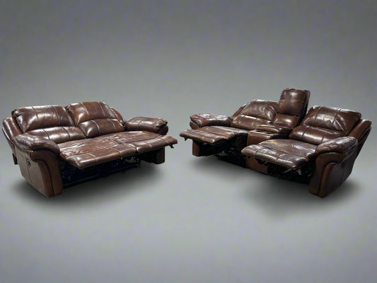 Brown Leather Power Recliner Sofa & Loveseat Set