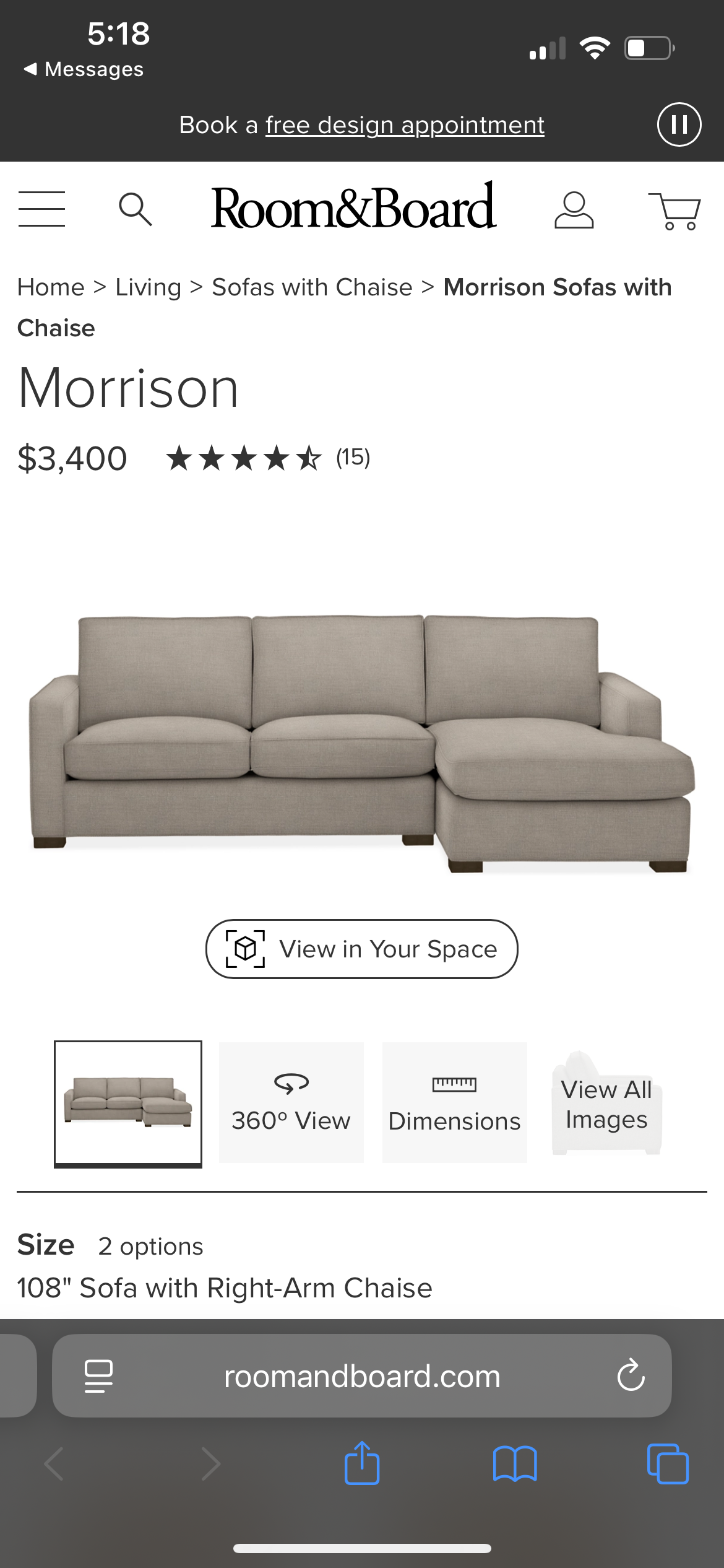 Room & Board Dark Gray Morrison Sectional